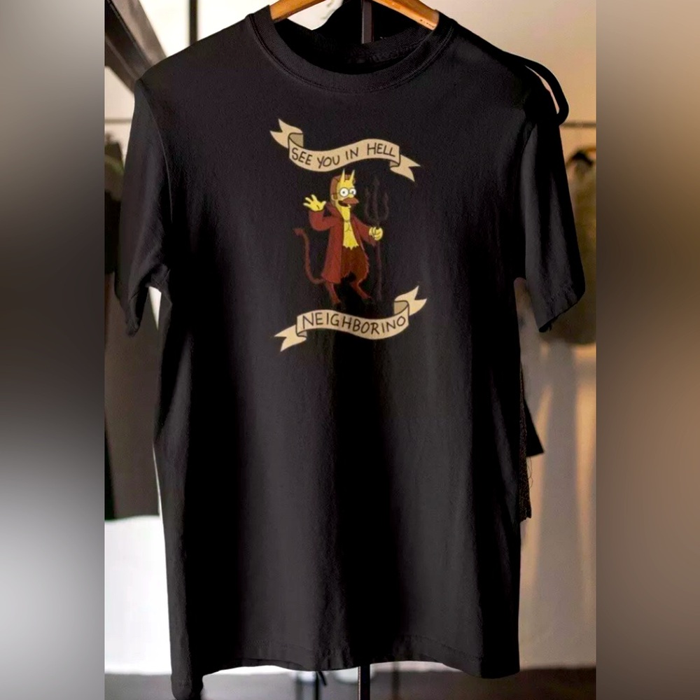 See You iN Hell Neighborino! Simpsons Ned Flanders Devil Men’s Black Tee